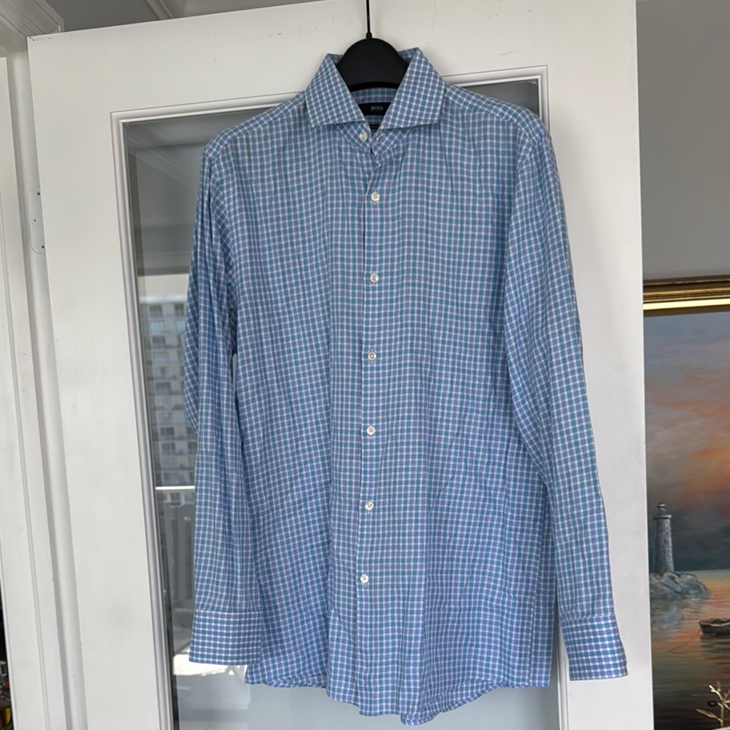 Hugo Boss Blue Casual Button Down Shirt With Classic Gingham Pattern